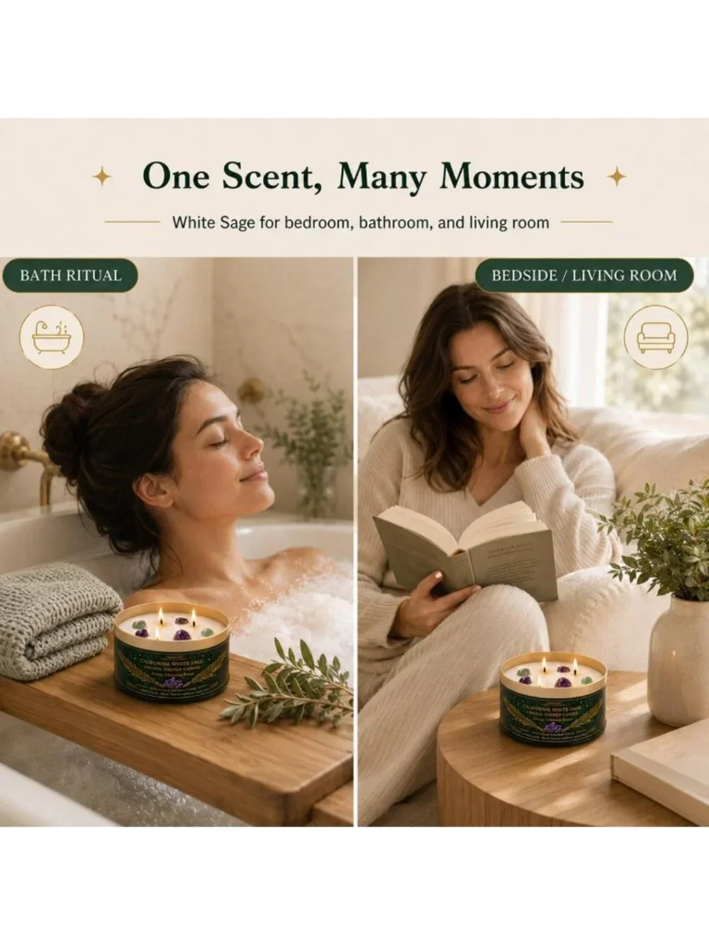 Cleansing Sage Candle Set - 3 Pack Scented Jar Candles with Healing Crystals